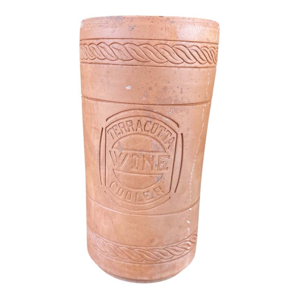 VINTAGE DOMINION POTTERY TERRACOTTA CLAY WINE COOLER EMBOSSED BARWARE 9.75” X 5” - Picture 2 of 4